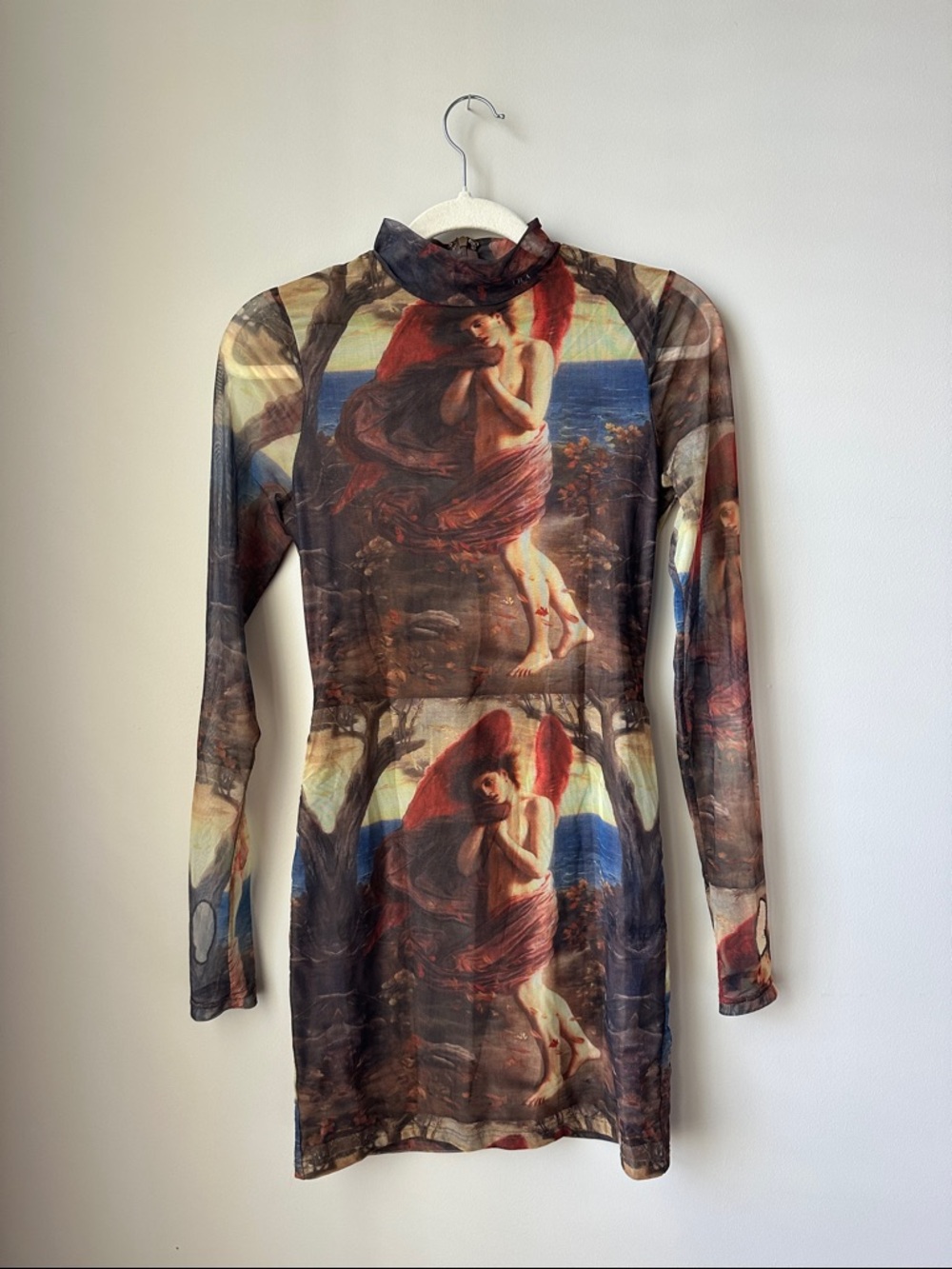 AKIRA Long-Sleeve Sheer Art Print Mini Dress in Multicolor